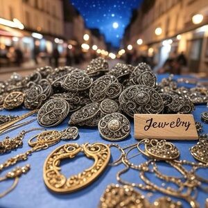Women’s jewelry for sale sign these items aren’t real it’s an advertisement AI